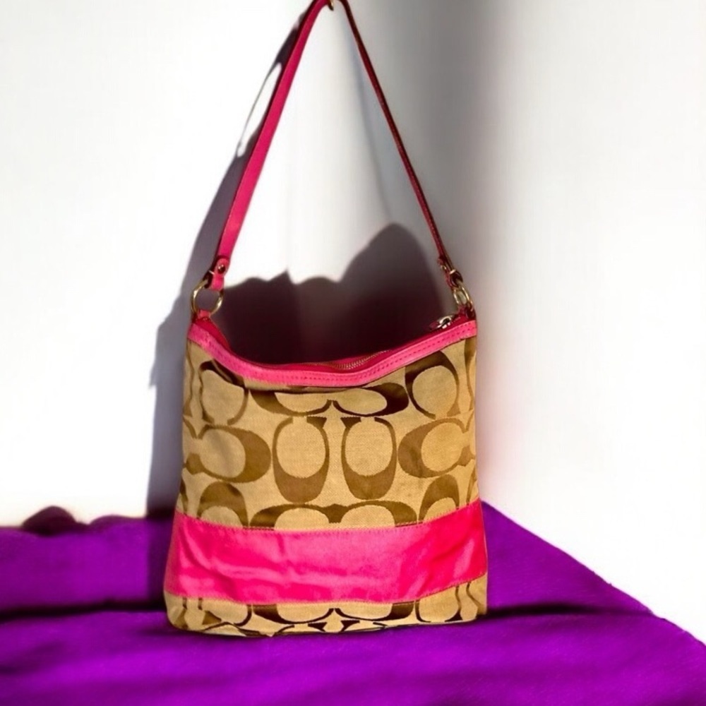 COACH SIGNATURE PINK STRIPE LOGO EMBOSSED TOTE SHOULDERBAG F13674 HOBO